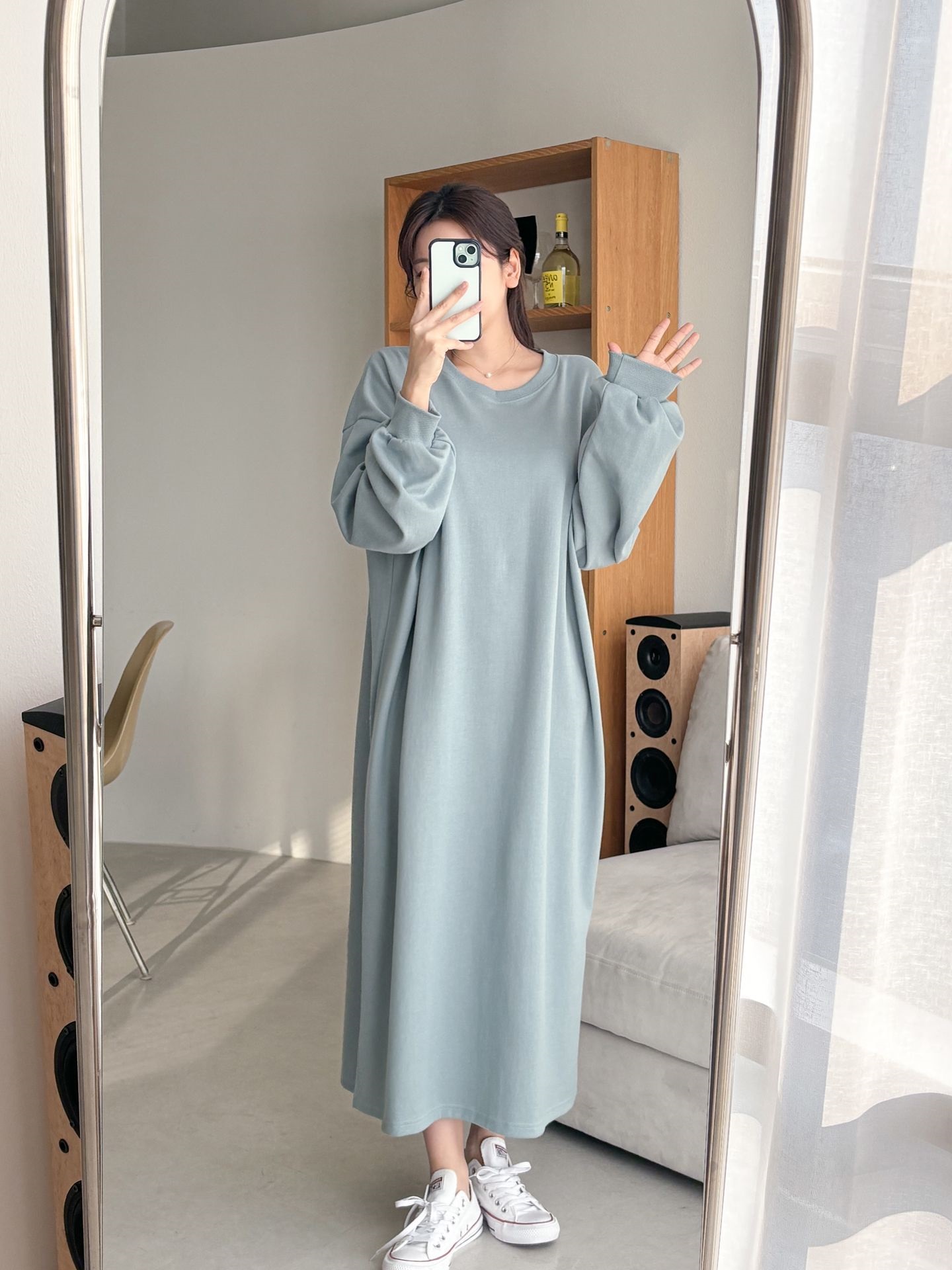 ラウンドネックスリットベーシックボクシールーズ長袖ワンピース | 詳細画像16