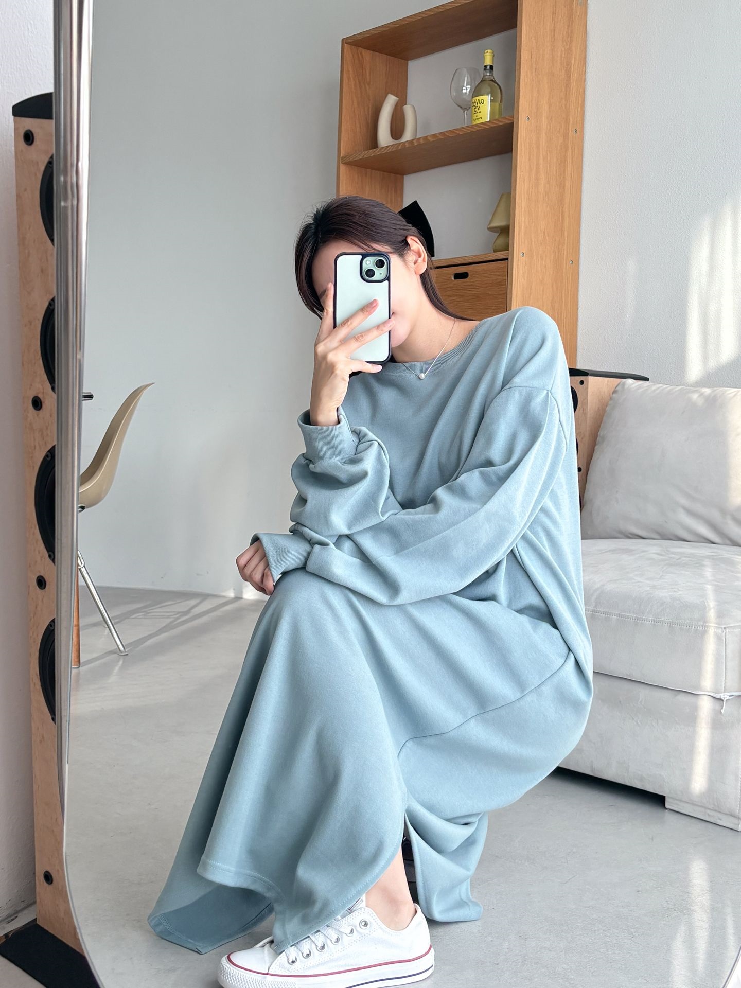 ラウンドネックスリットベーシックボクシールーズ長袖ワンピース | 詳細画像14