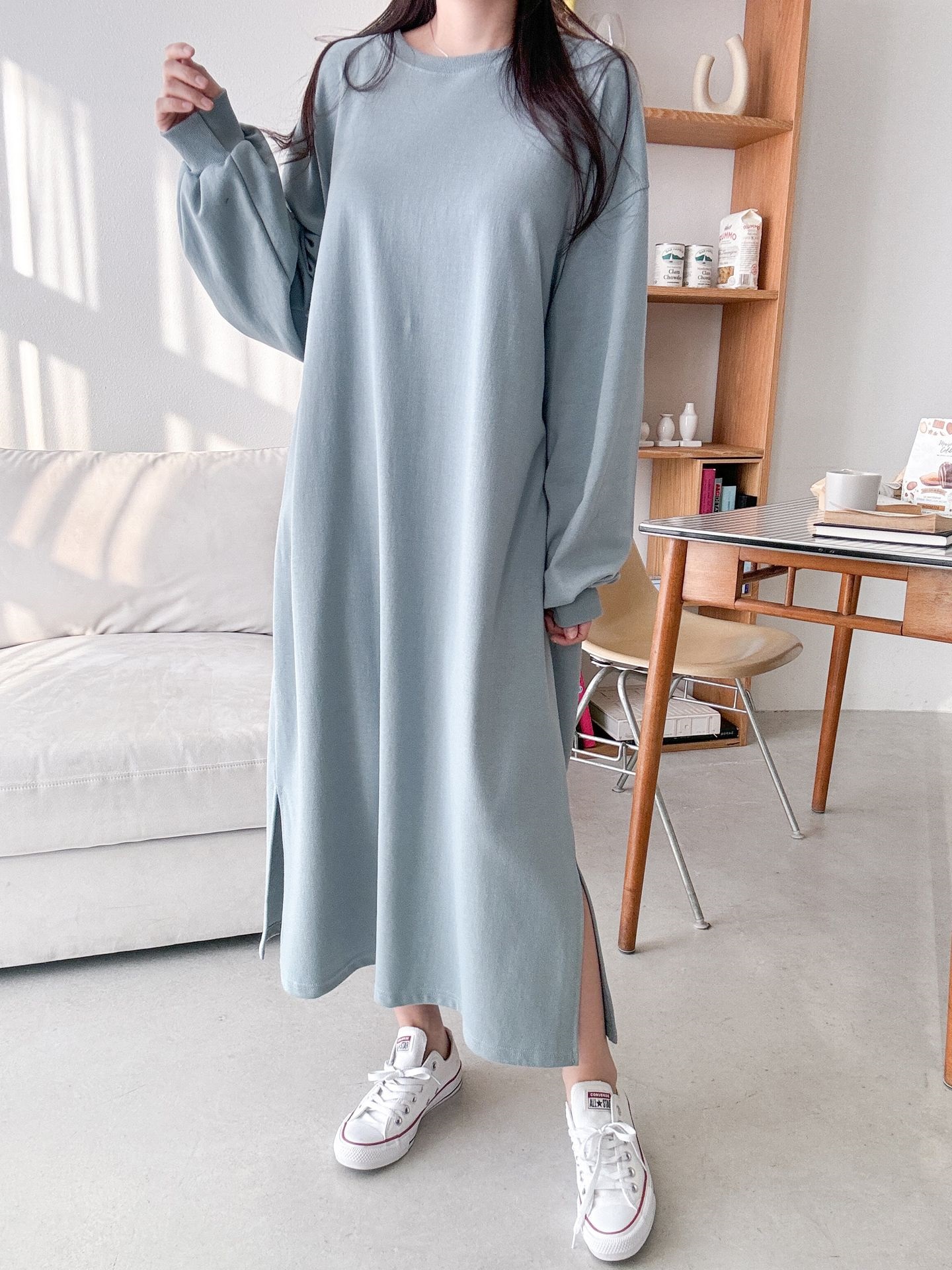 ラウンドネックスリットベーシックボクシールーズ長袖ワンピース | 詳細画像15