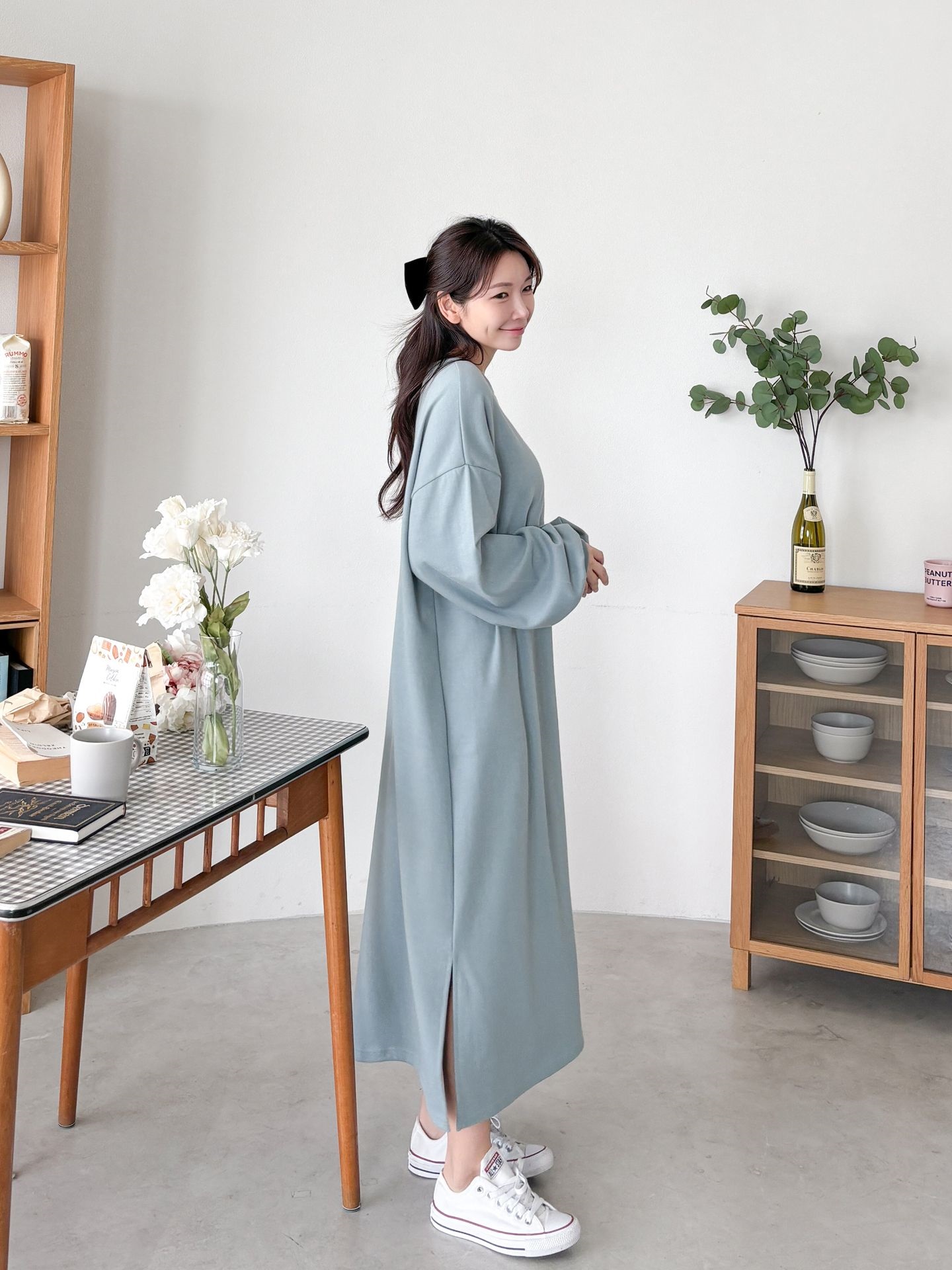 ラウンドネックスリットベーシックボクシールーズ長袖ワンピース | 詳細画像17