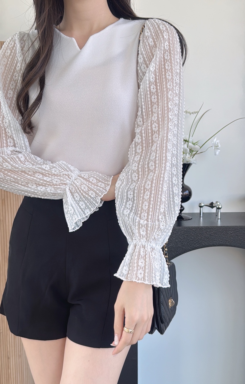 レースシースルーコンビラウンドネックベーシック長袖ブラウス | 詳細画像3