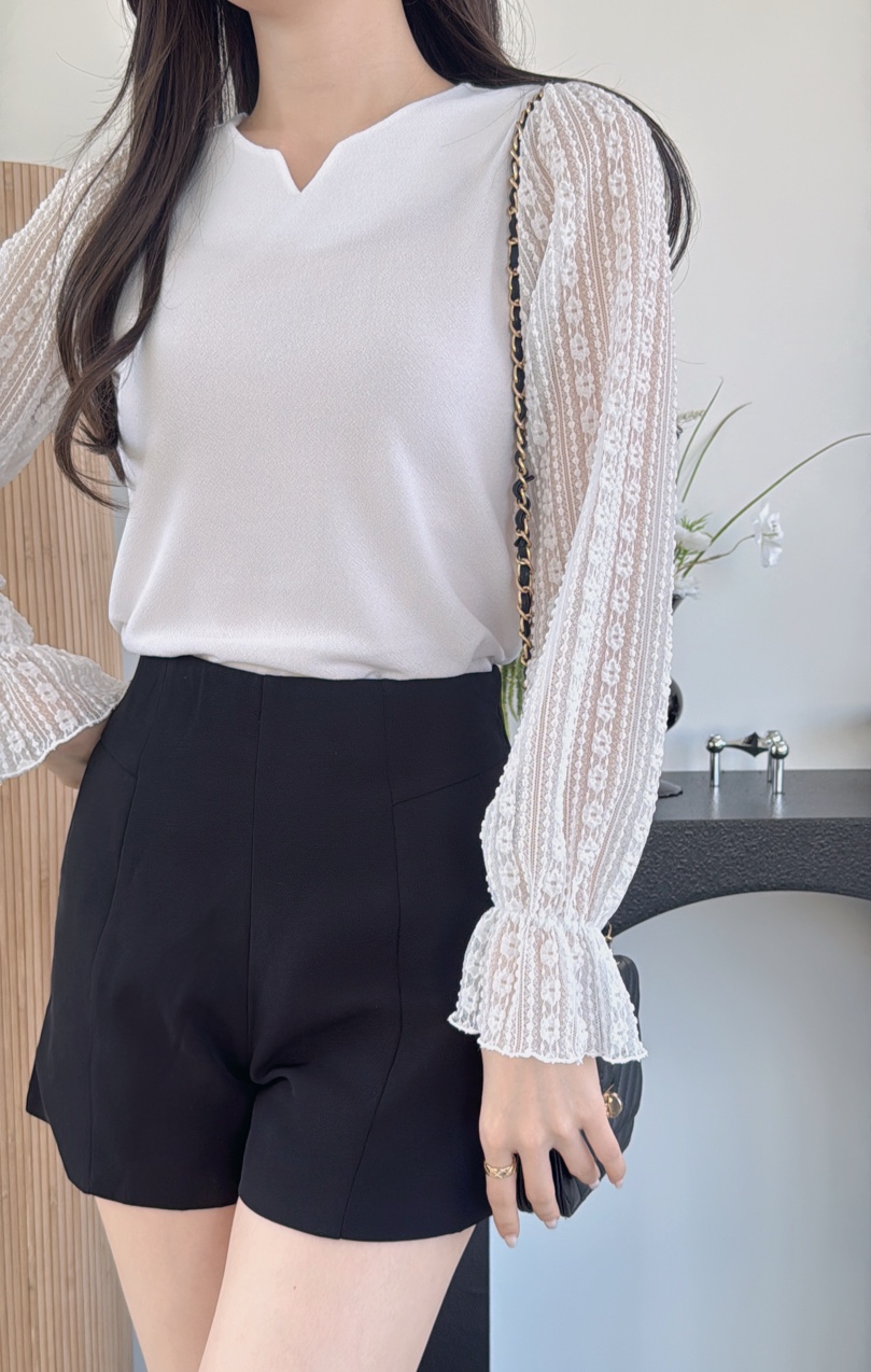 レースシースルーコンビラウンドネックベーシック長袖ブラウス | 詳細画像2