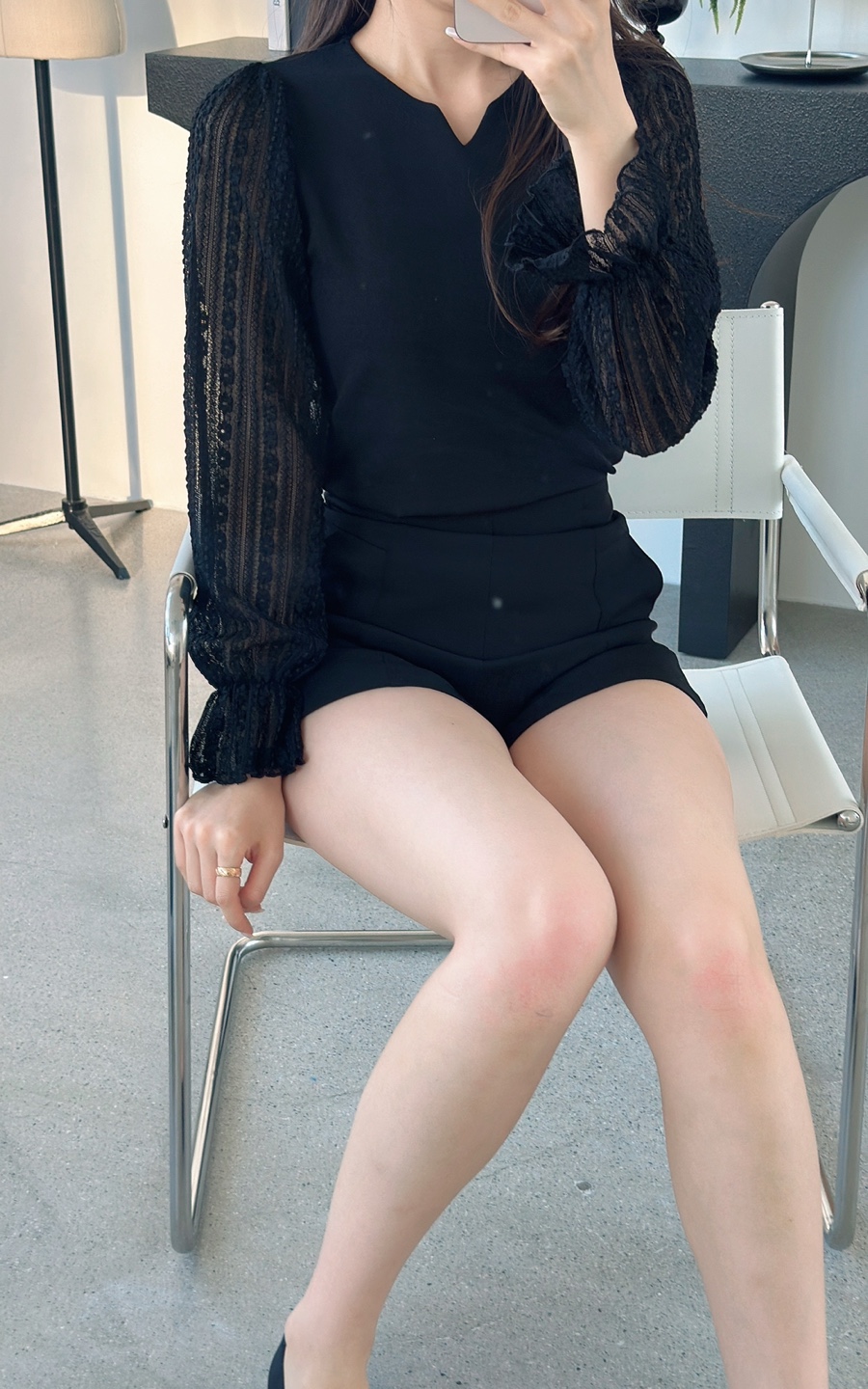 レースシースルーコンビラウンドネックベーシック長袖ブラウス | 詳細画像9