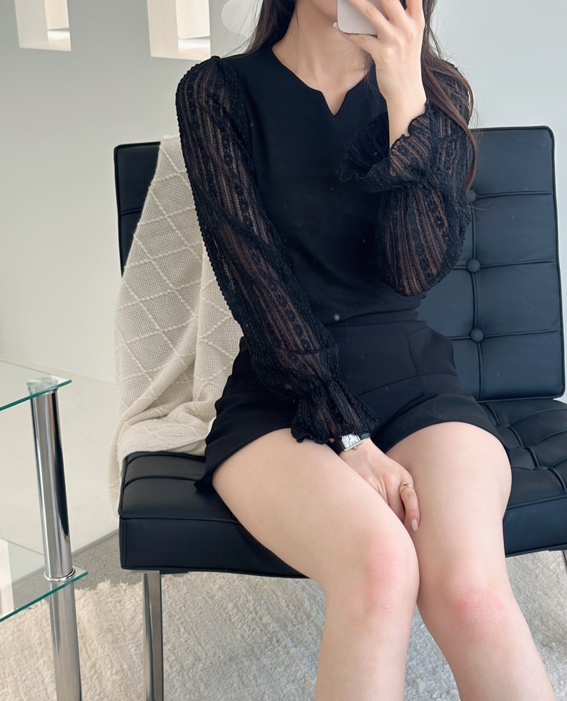 レースシースルーコンビラウンドネックベーシック長袖ブラウス | 詳細画像10