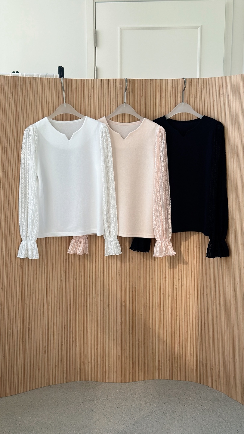 レースシースルーコンビラウンドネックベーシック長袖ブラウス | 詳細画像12