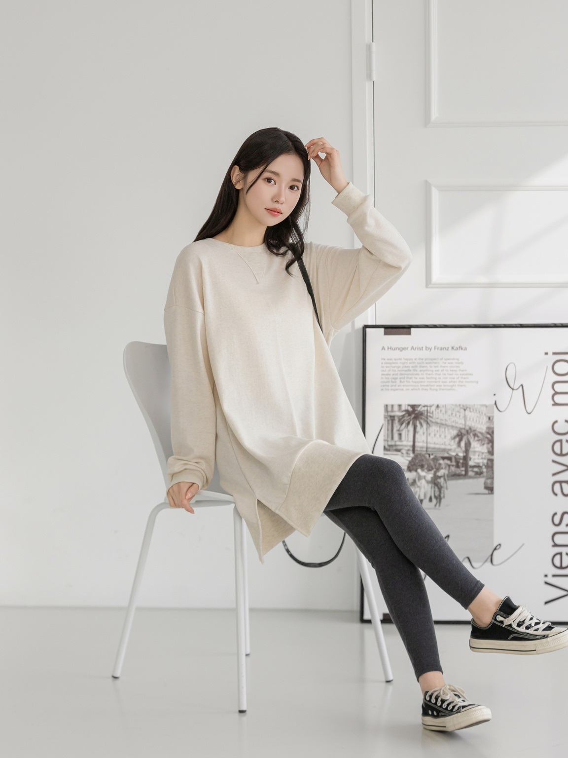 コットンラウンドネックスリットベーシック長袖ミディワンピース | 詳細画像8