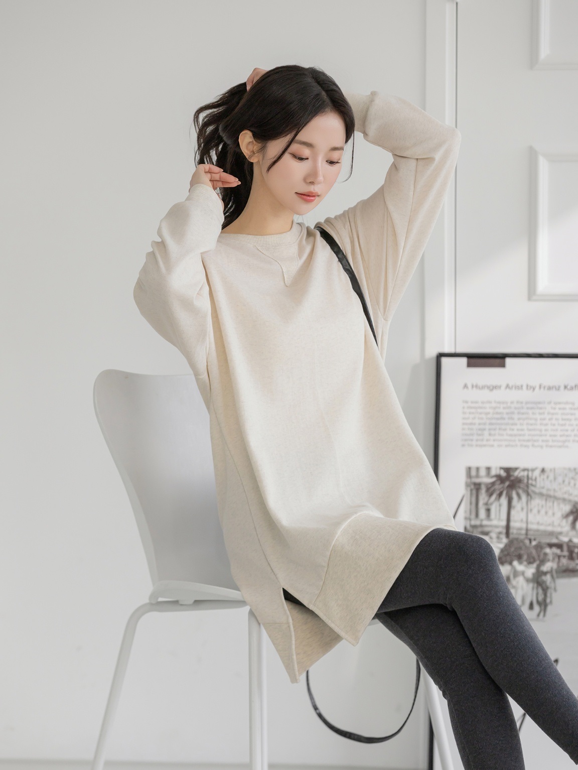 コットンラウンドネックスリットベーシック長袖ミディワンピース | 詳細画像9