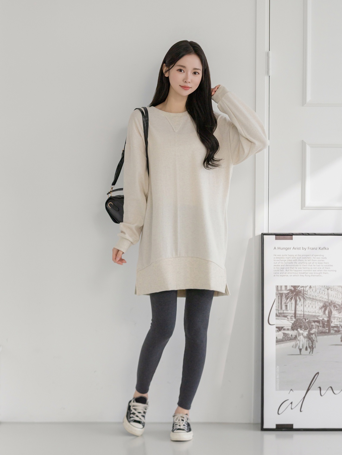 コットンラウンドネックスリットベーシック長袖ミディワンピース | 詳細画像10