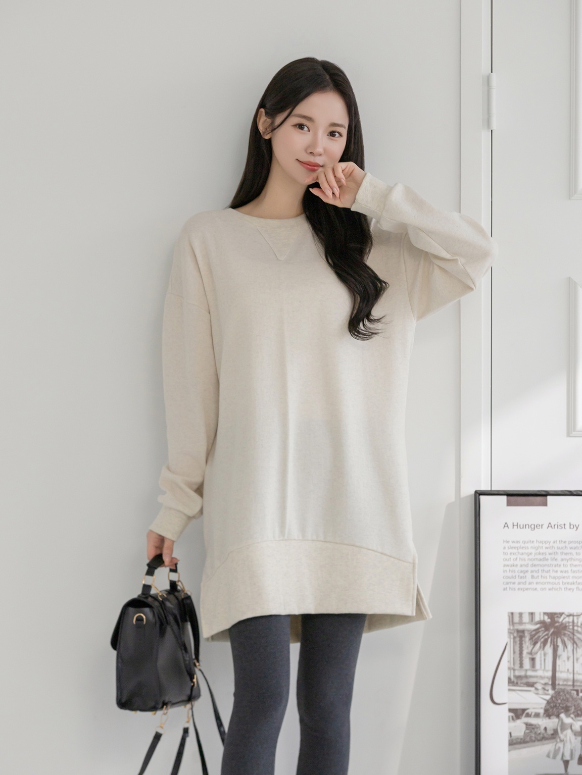 コットンラウンドネックスリットベーシック長袖ミディワンピース | 詳細画像12