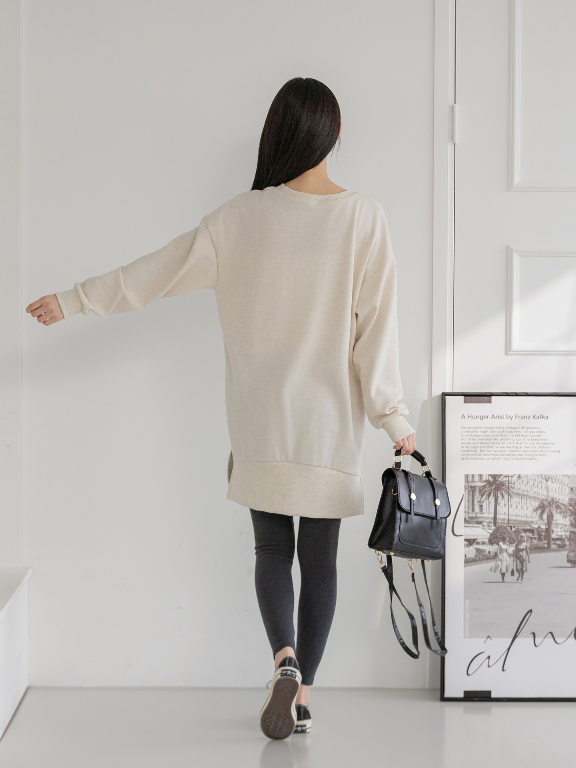 コットンラウンドネックスリットベーシック長袖ミディワンピース | 詳細画像14