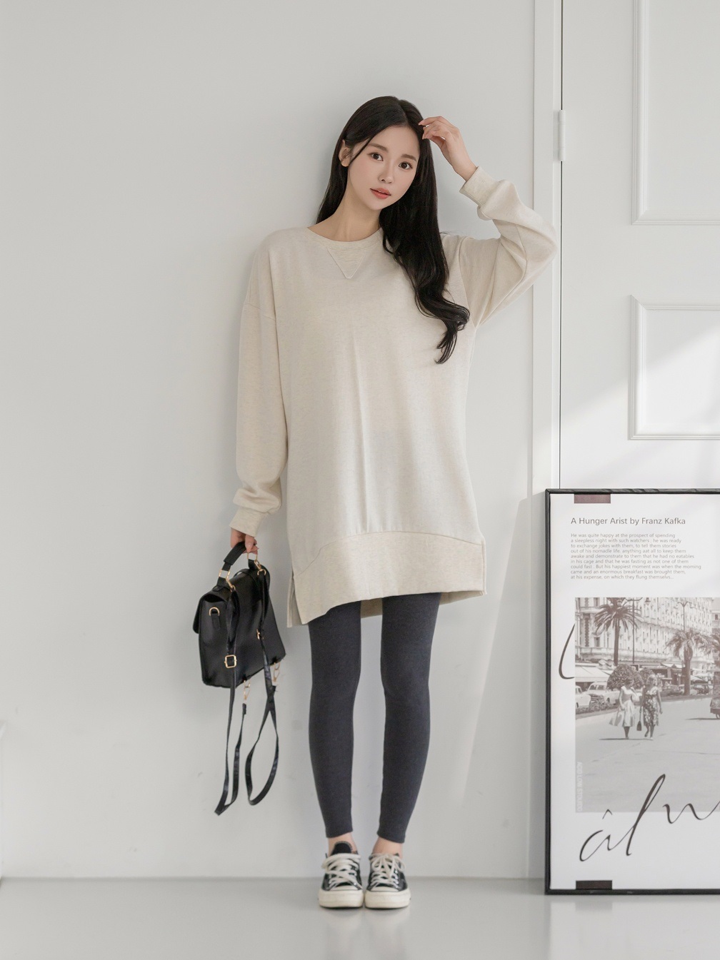 コットンラウンドネックスリットベーシック長袖ミディワンピース | 詳細画像15