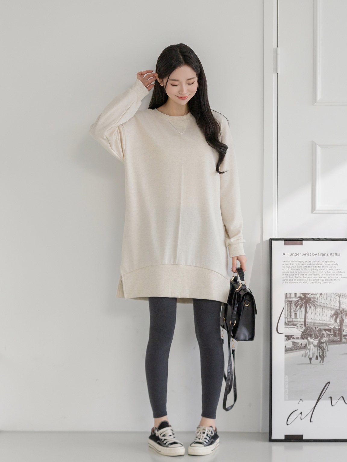 コットンラウンドネックスリットベーシック長袖ミディワンピース | 詳細画像16