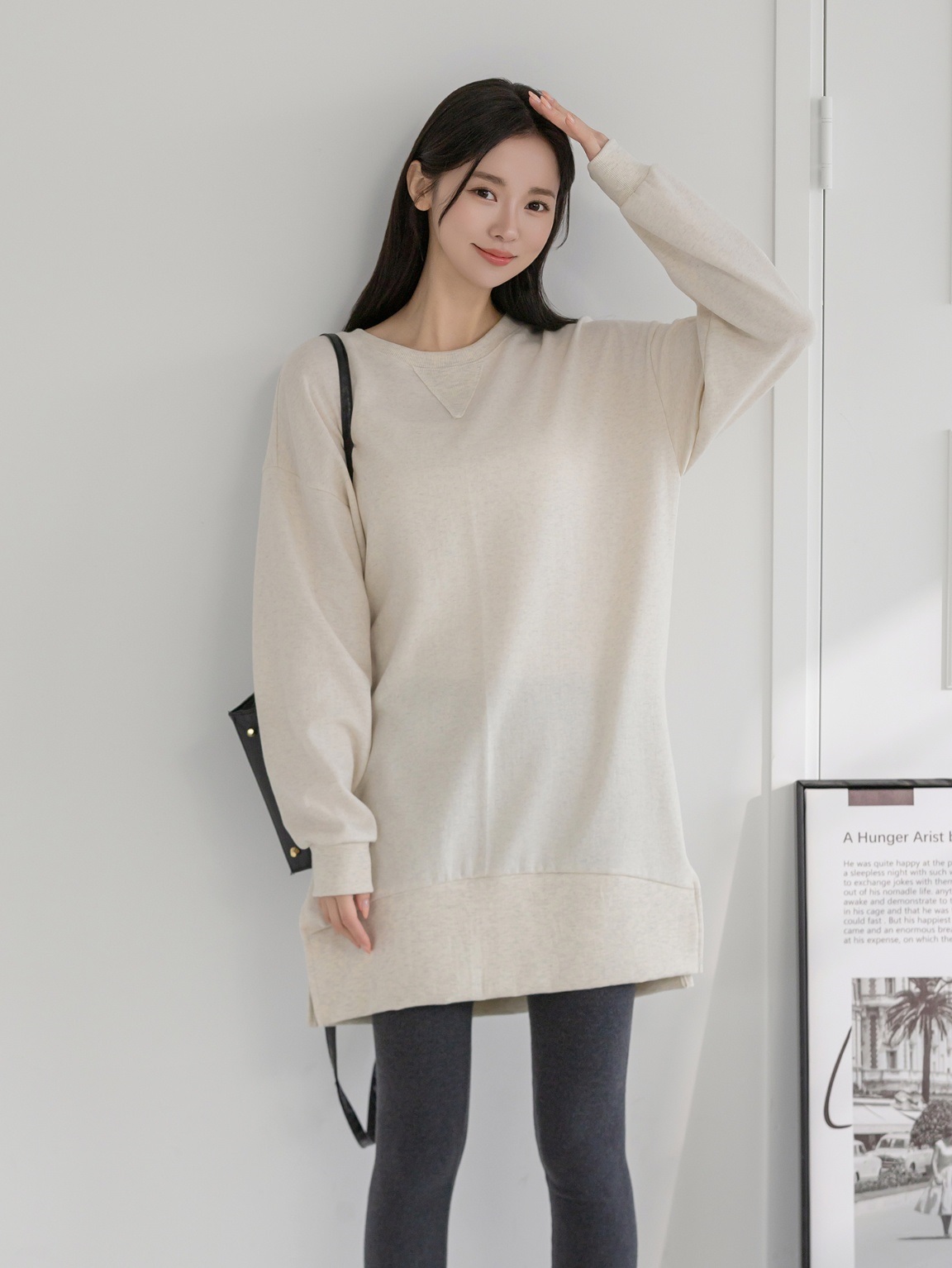 コットンラウンドネックスリットベーシック長袖ミディワンピース | 詳細画像18