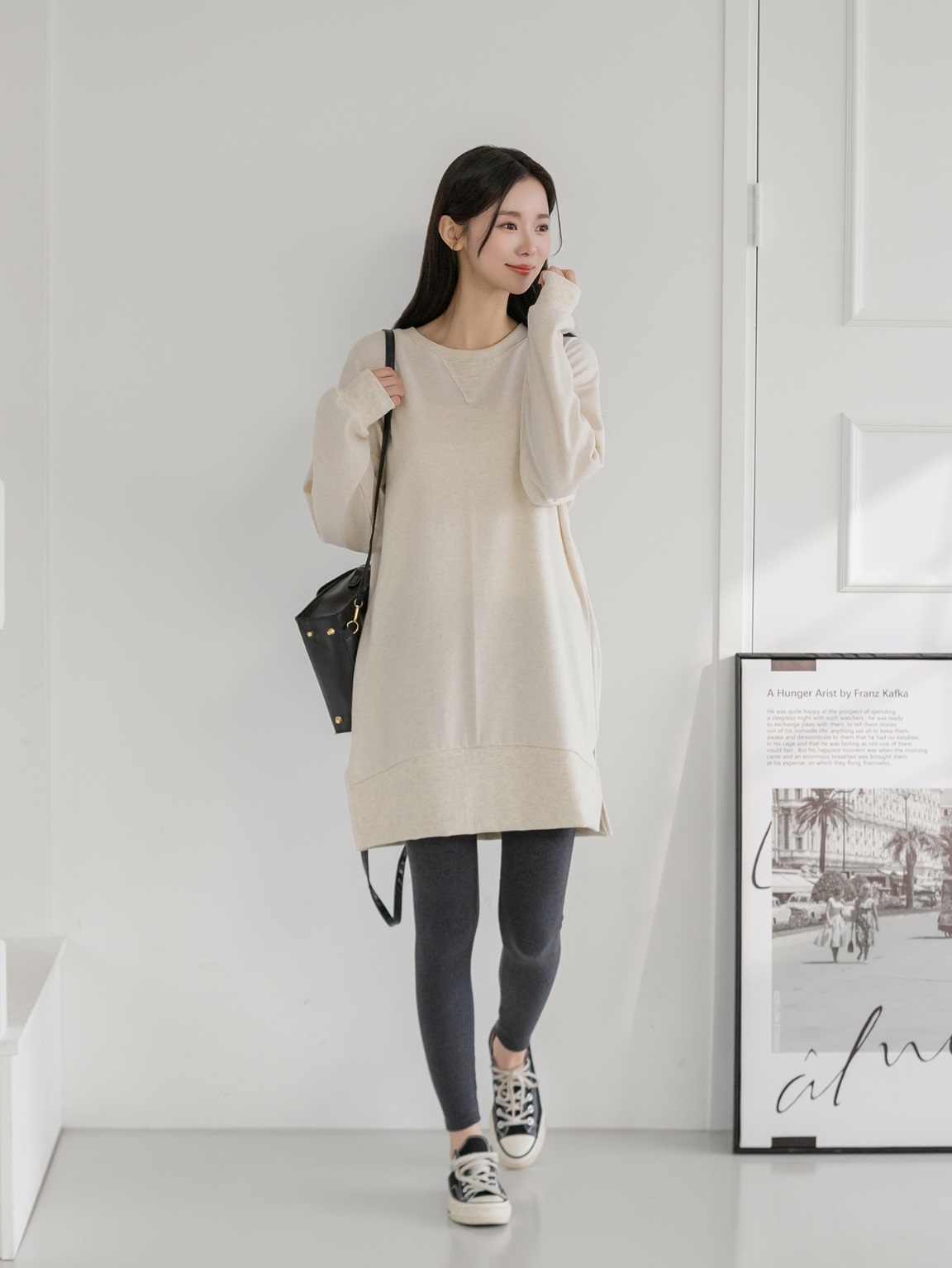 コットンラウンドネックスリットベーシック長袖ミディワンピース | 詳細画像19