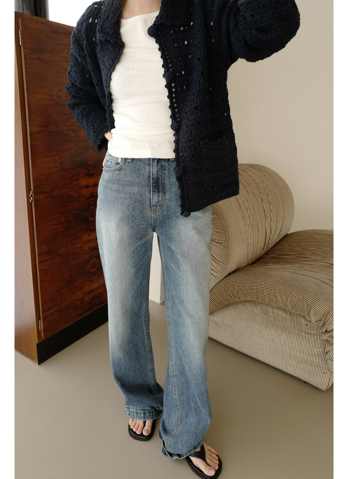 コットンジップアップストレート無地デニムパンツオールシーズン | 詳細画像7