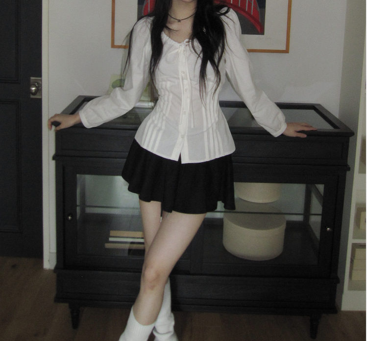 シャーリングドローストリングベーシックスリム長袖ブラウス | 詳細画像7