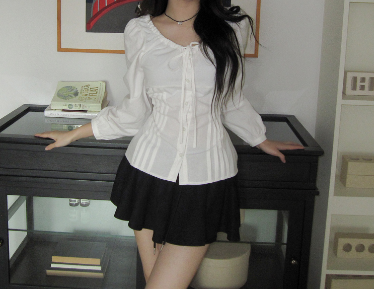 シャーリングドローストリングベーシックスリム長袖ブラウス | 詳細画像8