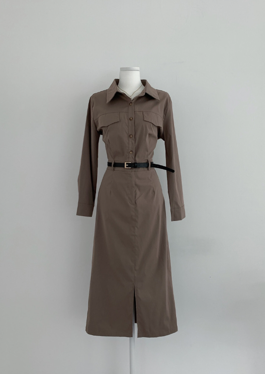 ボタンカラースリットバックゴムロング長袖シャツワンピースベルト付 | 詳細画像7