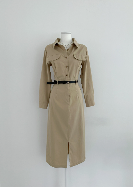 ボタンカラースリットバックゴムロング長袖シャツワンピースベルト付 | 詳細画像9