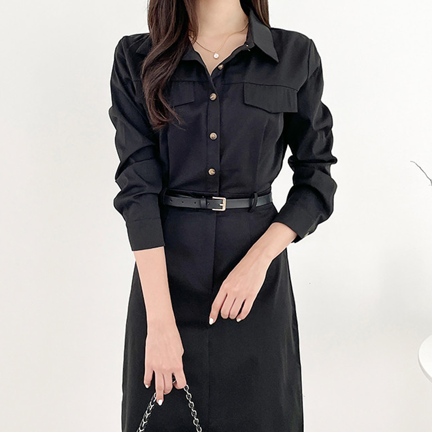 ボタンカラースリットバックゴムロング長袖シャツワンピースベルト付 | 詳細画像12