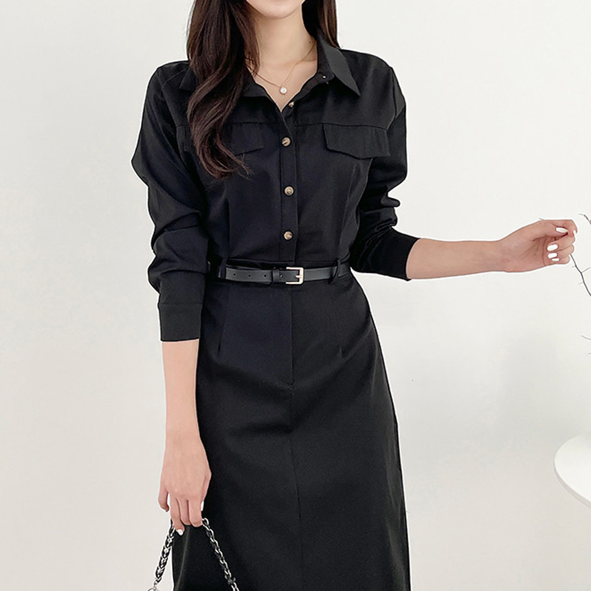 ボタンカラースリットバックゴムロング長袖シャツワンピースベルト付 | 詳細画像13