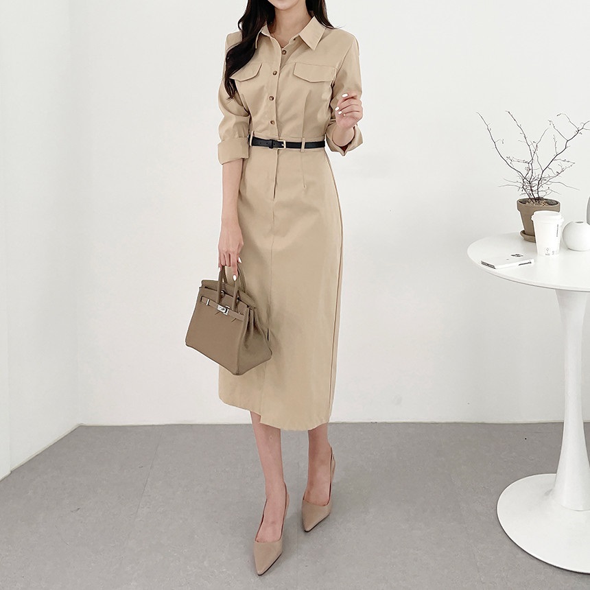 ボタンカラースリットバックゴムロング長袖シャツワンピースベルト付 | 詳細画像16