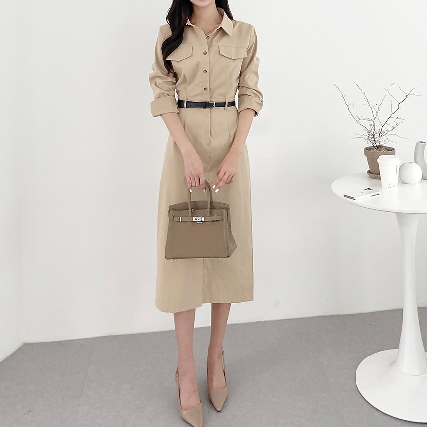 ボタンカラースリットバックゴムロング長袖シャツワンピースベルト付 | 詳細画像18