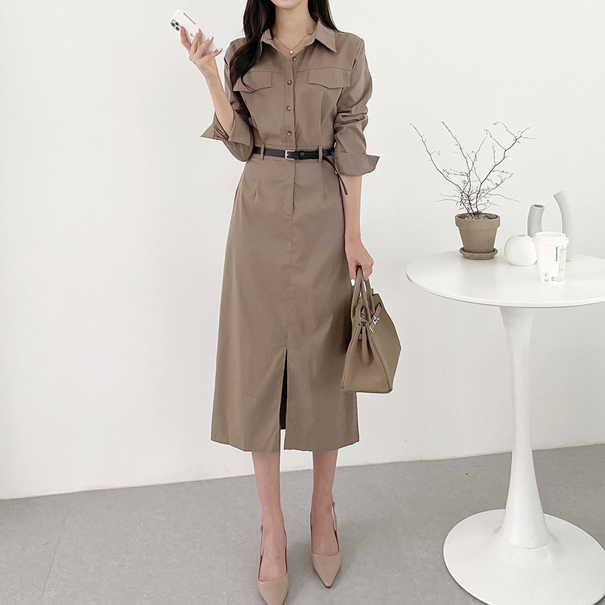 ボタンカラースリットバックゴムロング長袖シャツワンピースベルト付 | 詳細画像20