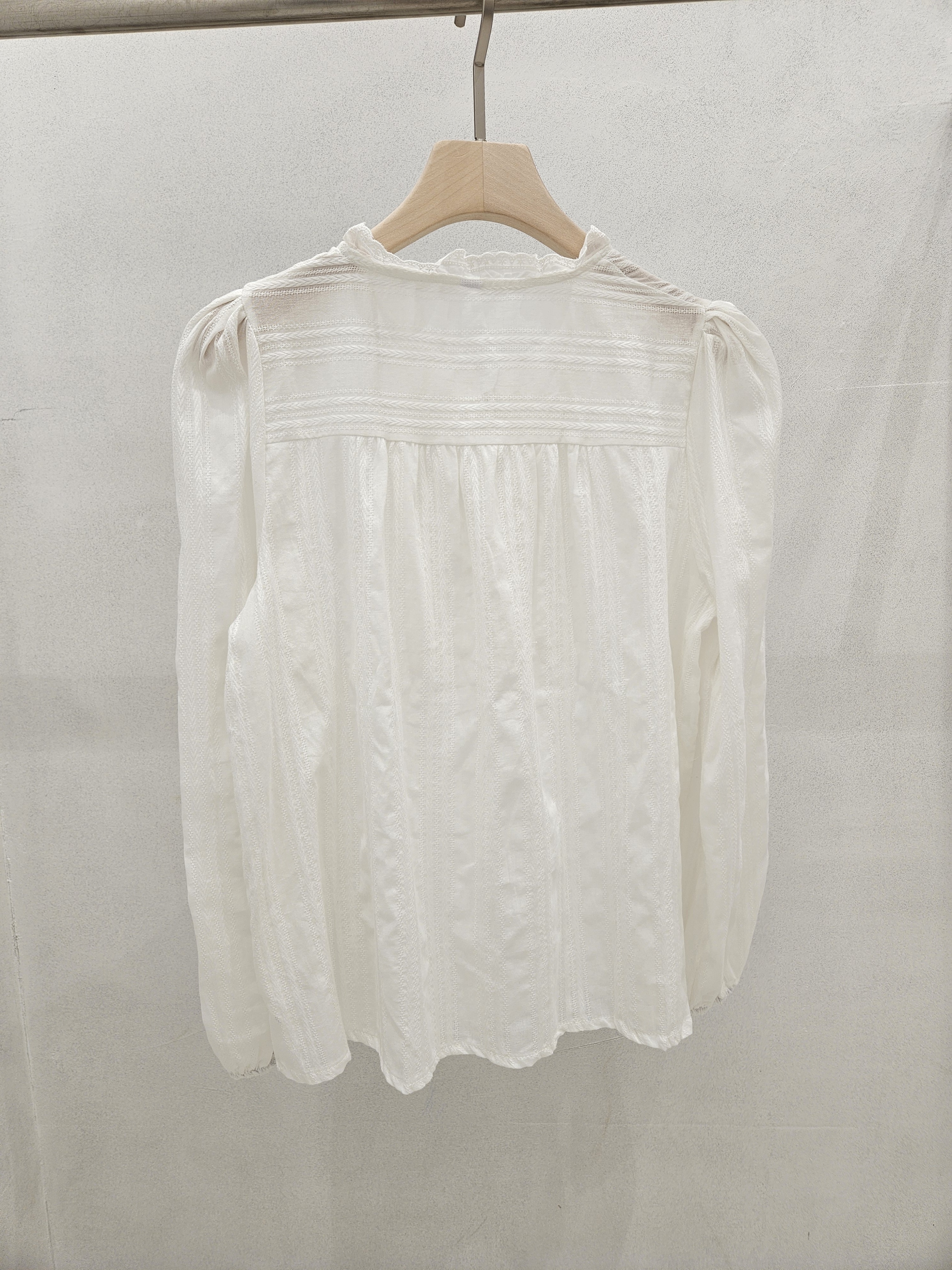 レースコットンボタンパフスリーブ長袖フリル ネックブラウス | 詳細画像15