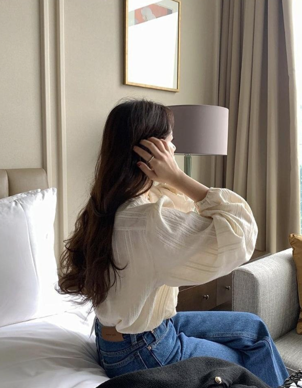 レースコットンボタンパフスリーブ長袖フリル ネックブラウス | 詳細画像4