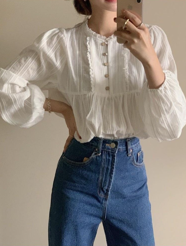 レースコットンボタンパフスリーブ長袖フリル ネックブラウス | 詳細画像3