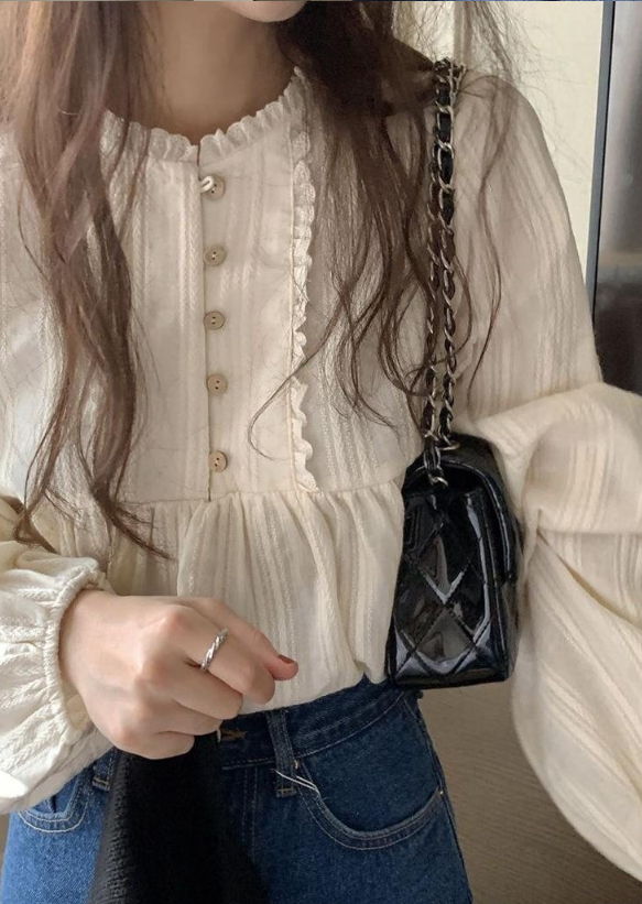 レースコットンボタンパフスリーブ長袖フリル ネックブラウス | 詳細画像5