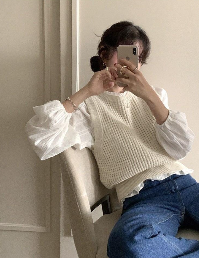 レースコットンボタンパフスリーブ長袖フリル ネックブラウス | 詳細画像8