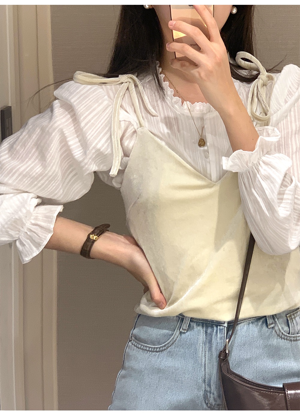 コットンボタン長袖フリル ネックストライプブラウス | 詳細画像3