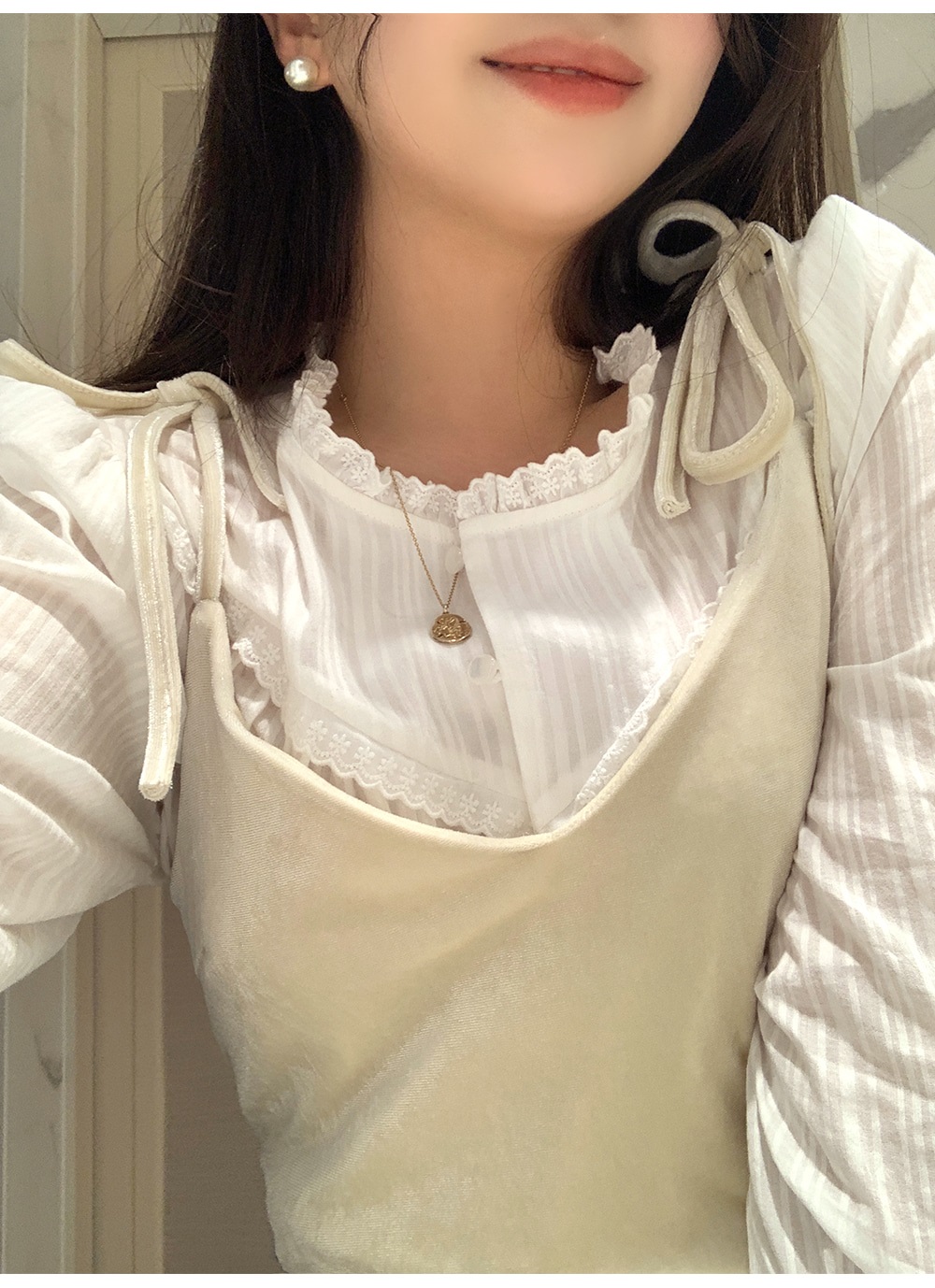 コットンボタン長袖フリル ネックストライプブラウス | 詳細画像5