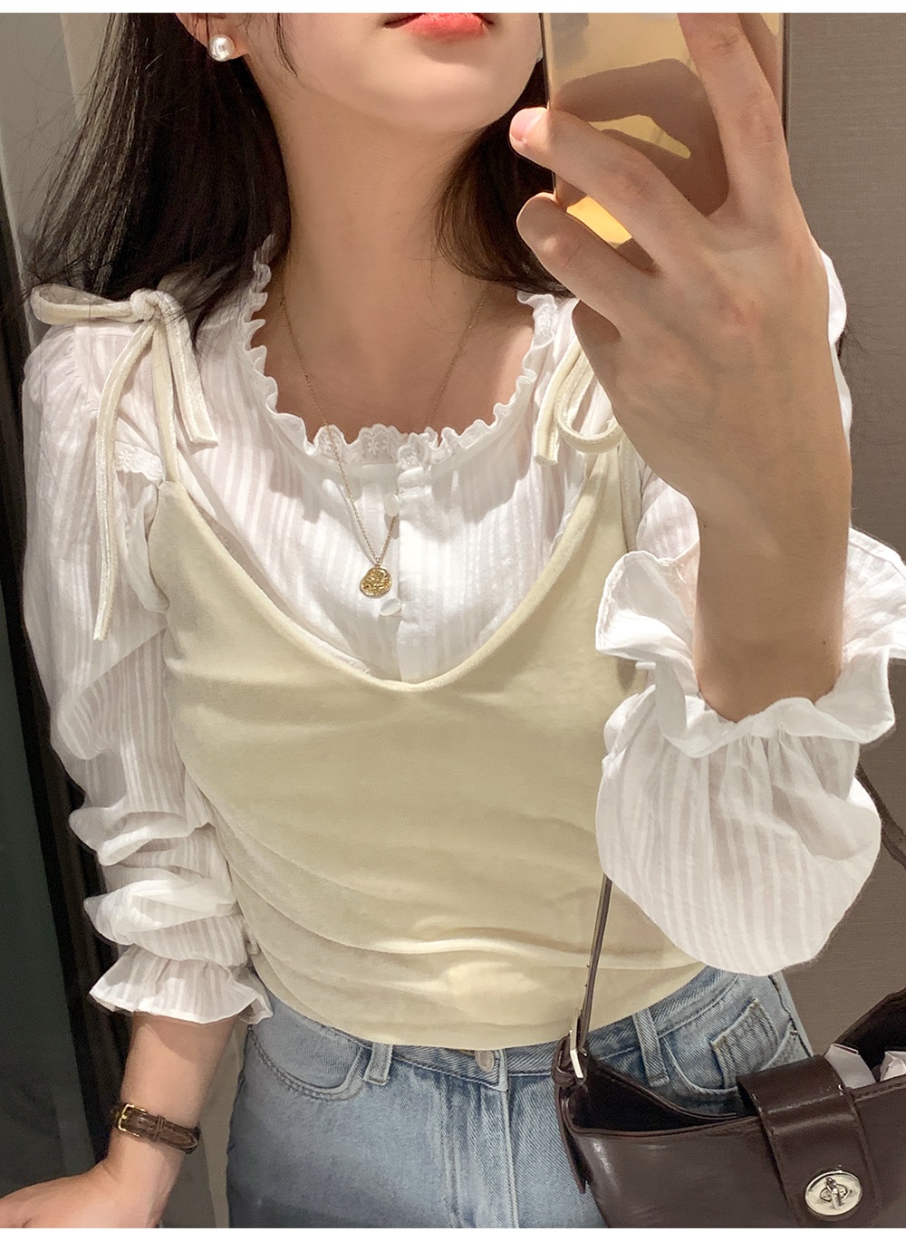 コットンボタン長袖フリル ネックストライプブラウス | 詳細画像6