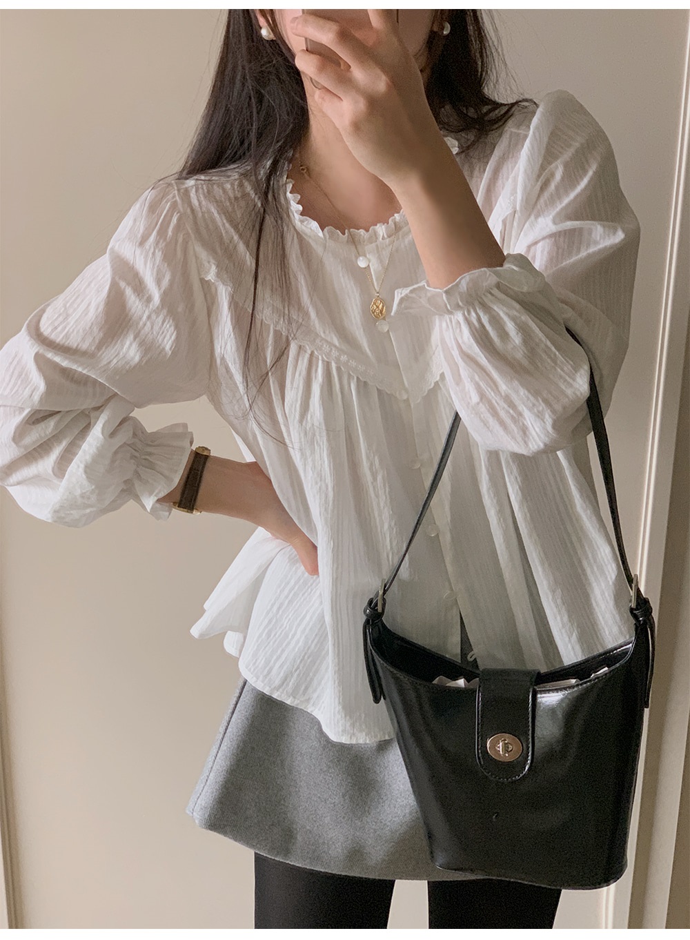 コットンボタン長袖フリル ネックストライプブラウス | 詳細画像8