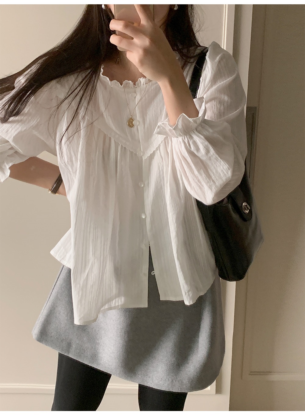 コットンボタン長袖フリル ネックストライプブラウス | 詳細画像9