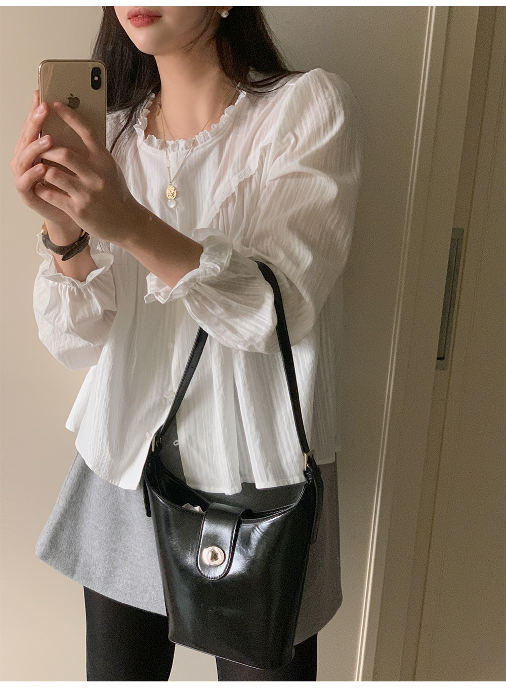 コットンボタン長袖フリル ネックストライプブラウス | 詳細画像10