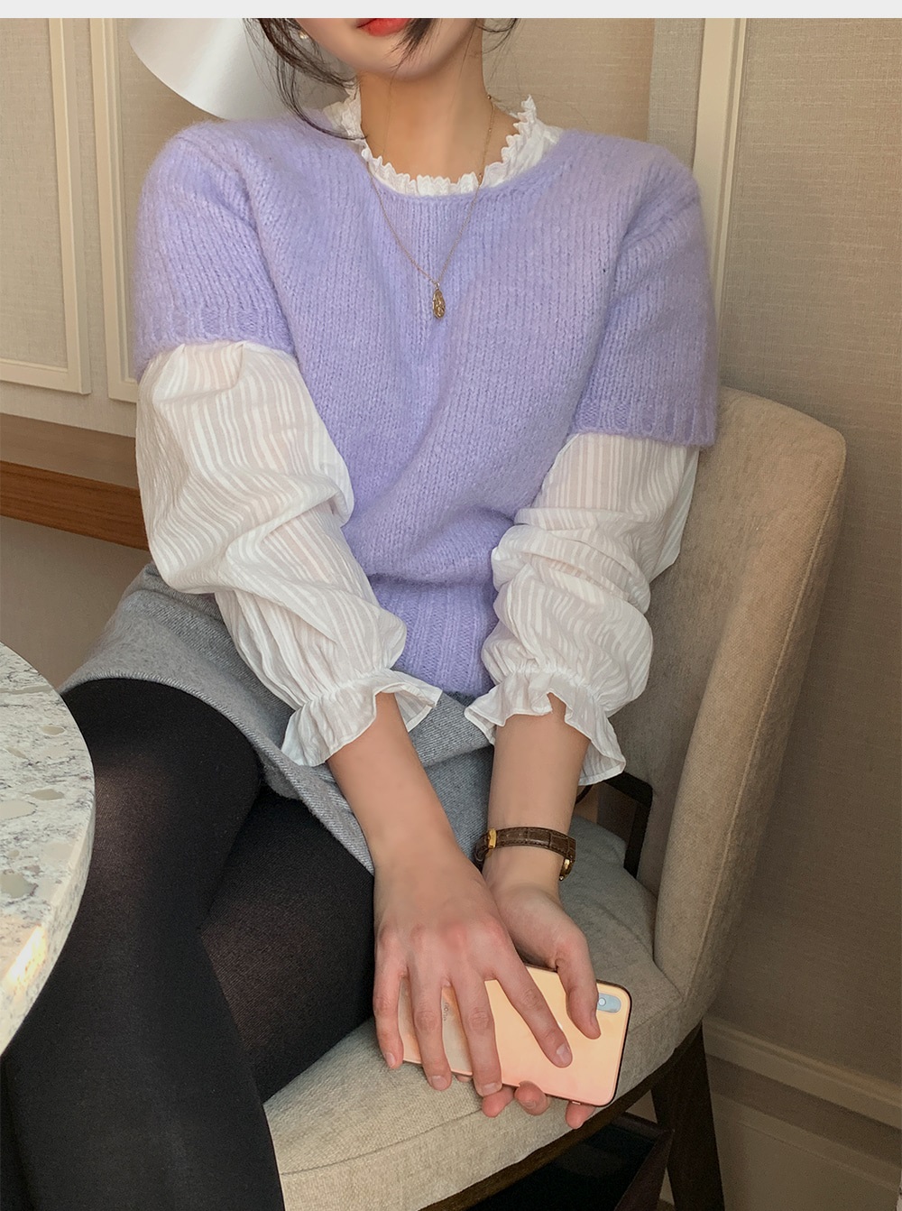 コットンボタン長袖フリル ネックストライプブラウス | 詳細画像12