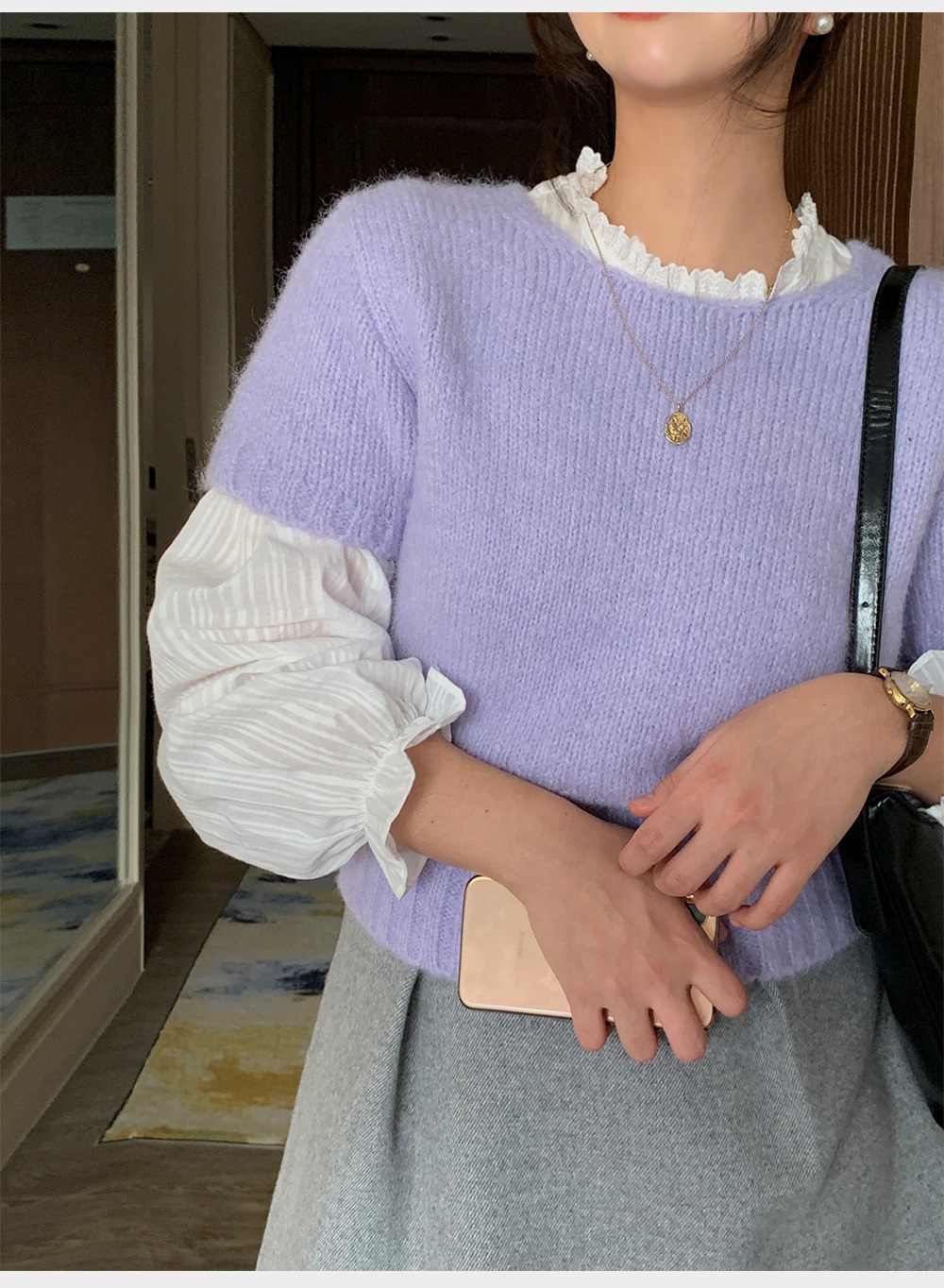 コットンボタン長袖フリル ネックストライプブラウス | 詳細画像14