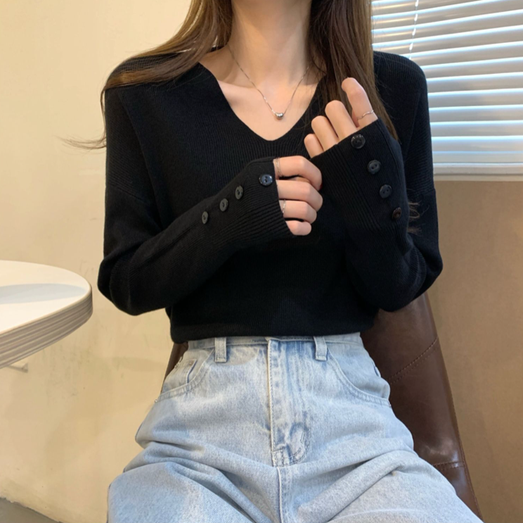 Vネック長袖ボタンスリーブニット | 詳細画像3