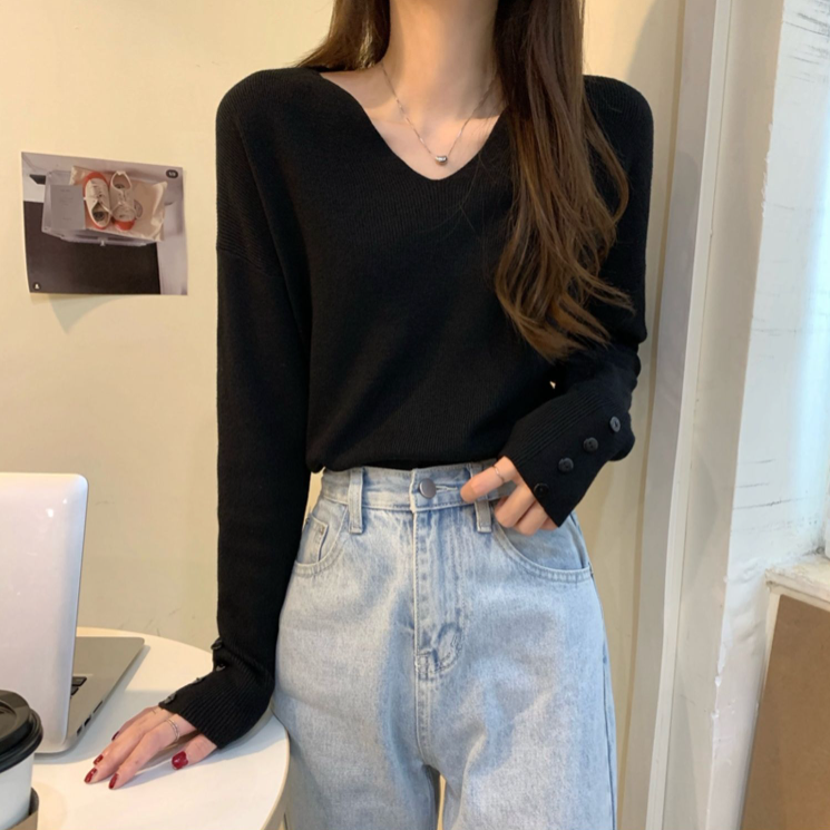 Vネック長袖ボタンスリーブニット | 詳細画像9