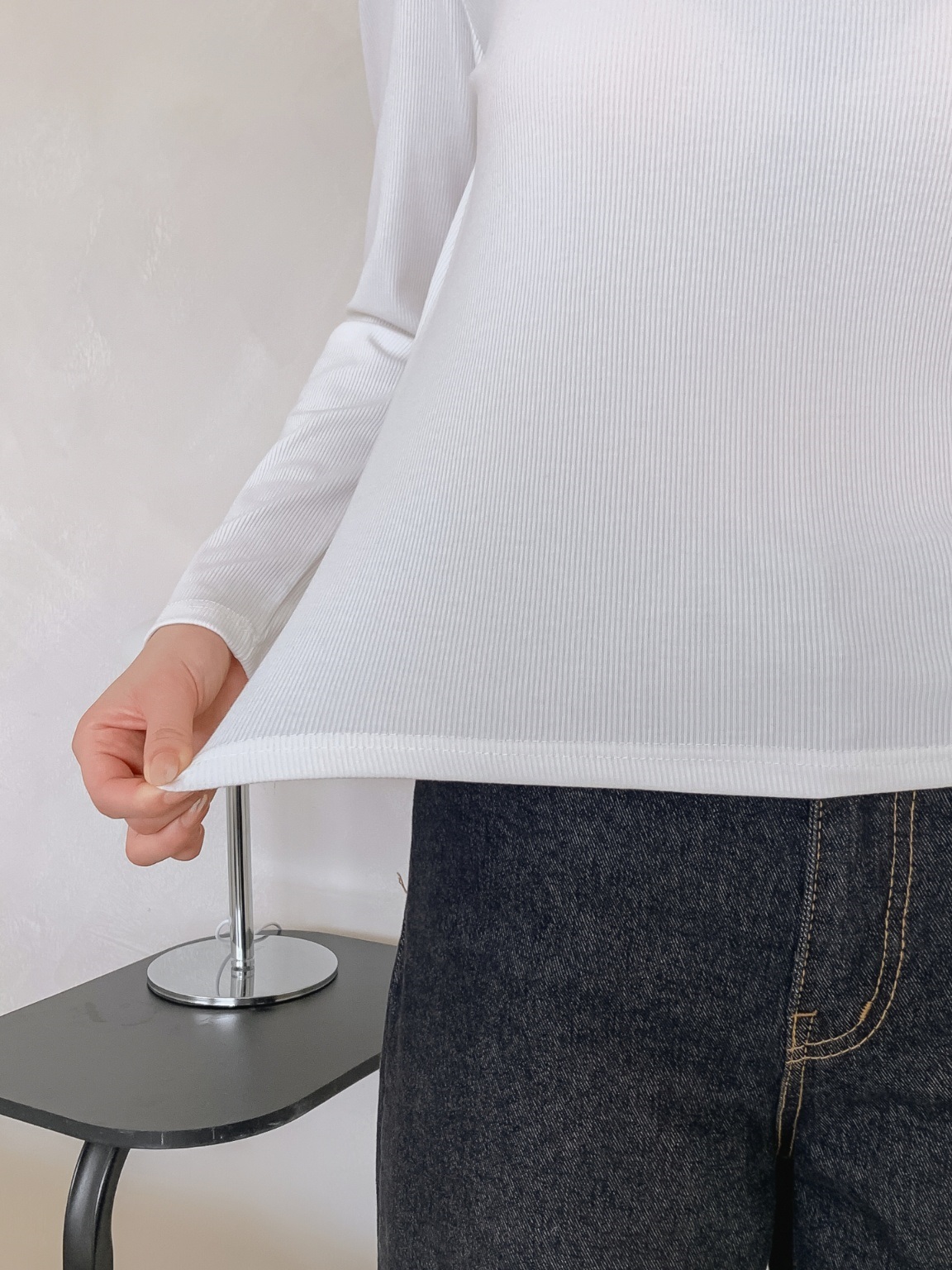 リブストレッチラウンドネックシンプルベーシック長袖Tシャツ | 詳細画像3