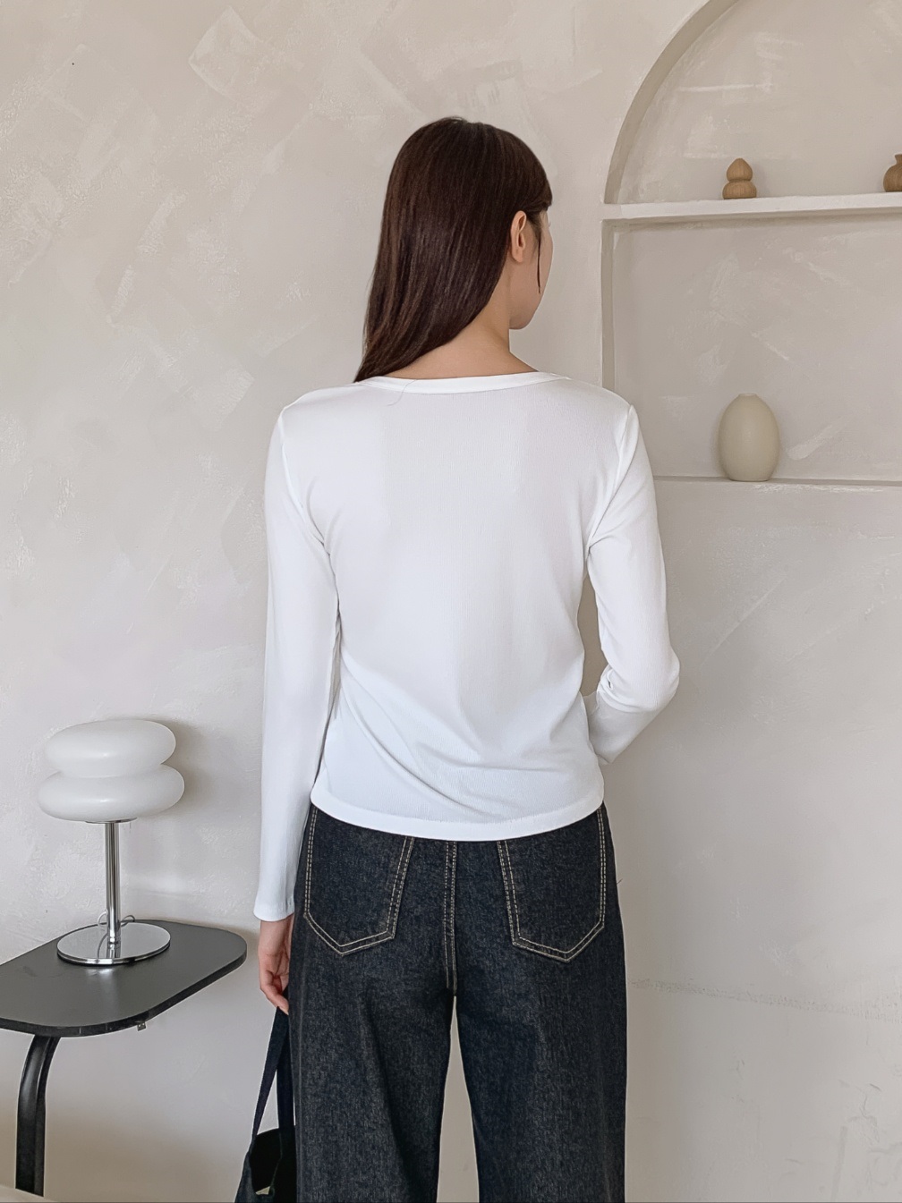 リブストレッチラウンドネックシンプルベーシック長袖Tシャツ | 詳細画像7