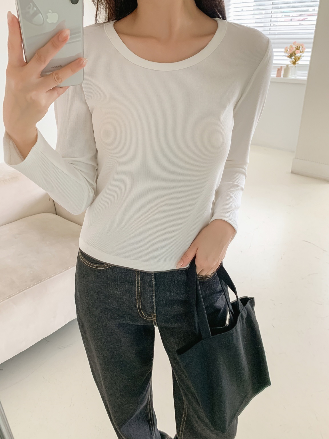 リブストレッチラウンドネックシンプルベーシック長袖Tシャツ | 詳細画像12