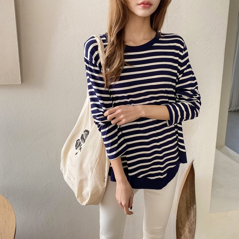 ラウンドネックルーズアンバランス長袖ボーダーTシャツ | 詳細画像2