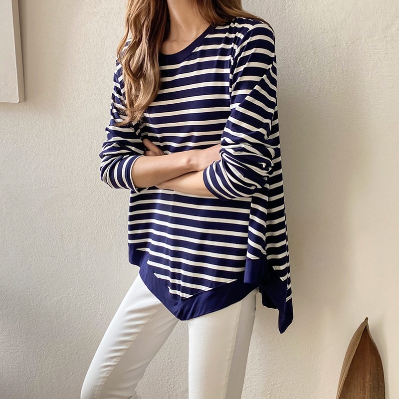 ラウンドネックルーズアンバランス長袖ボーダーTシャツ | 詳細画像4