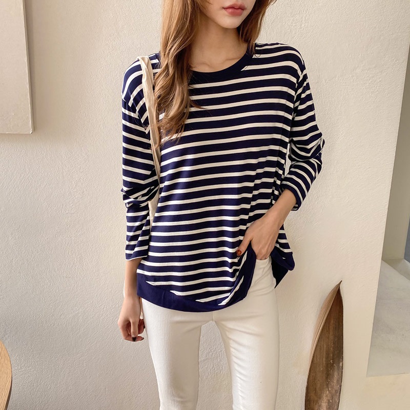 ラウンドネックルーズアンバランス長袖ボーダーTシャツ | 詳細画像5