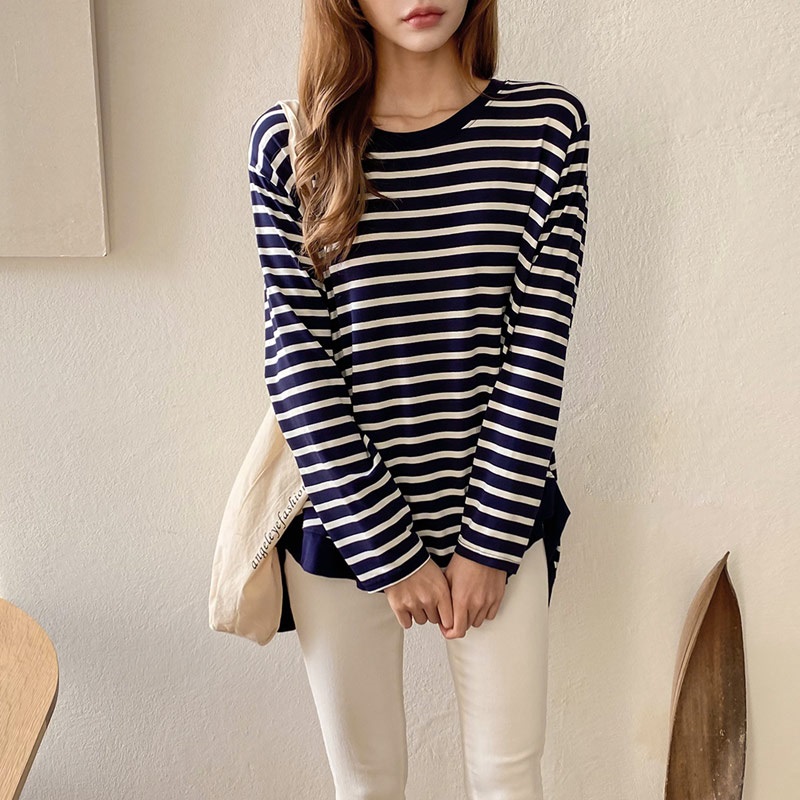 ラウンドネックルーズアンバランス長袖ボーダーTシャツ | 詳細画像10